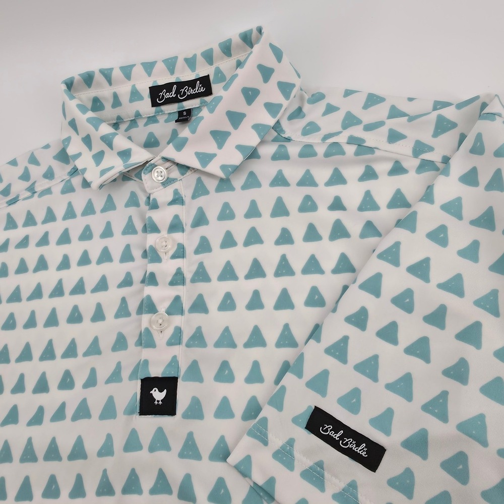 Bad Birdie Mens Small Golf Polo Shirt Teal White Triangle Geometric AOP Print S
